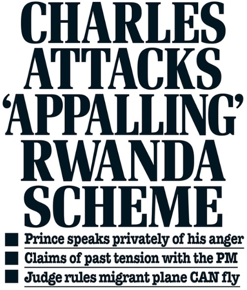 Daily Mail headline Charles opposes Rwanda scheme 11-6-2022